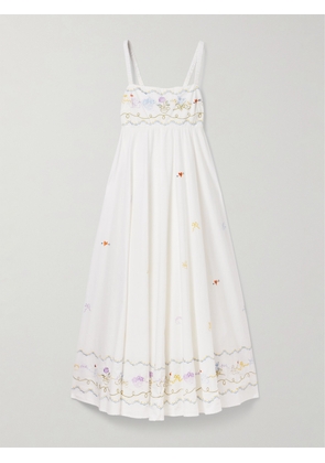 ALÉMAIS - Giulia Shirred Embroidered Organic Cotton-poplin Maxi Dress - Cream - UK 6,UK 8,UK 10,UK 12,UK 14