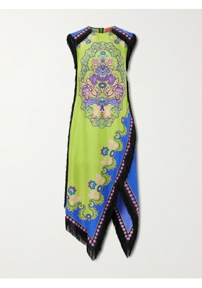 La DoubleJ - Fringed Asymmetric Printed Silk Midi Dress - Green - x small,small,medium,large,x large