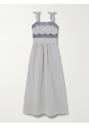 Loretta Caponi - Sabine Corded Lace-trimmed Gathered Striped Cotton-blend Poplin Maxi Dress - Blue - x small,small,medium,large,x large