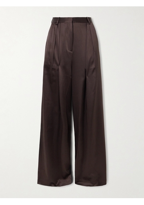 ÉTERNE - Josephine Pleated Stretch-silk Satin Straight-leg Pants - Brown - x small,small,medium,large
