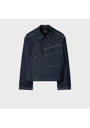 PS Paul Smith Denim Cotton-Blend Cropped Asymmetric Jacket with Topstitching Blue