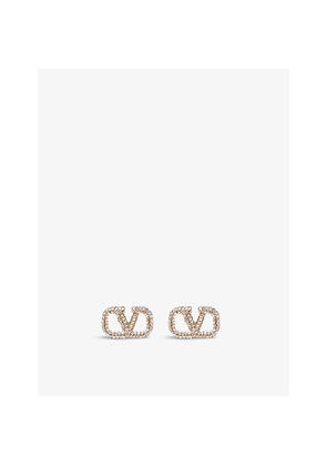 Womens Valentino Garavani Vlogo Crystal-Embellished Brass Stud Earrings