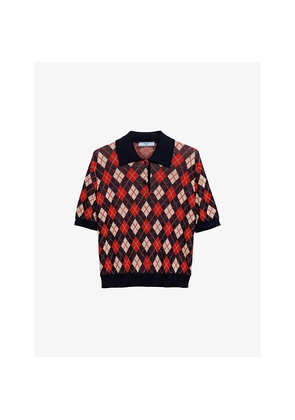 Womens Prada Argyle Short-Sleeve Cotton Knitted Polo Shirt