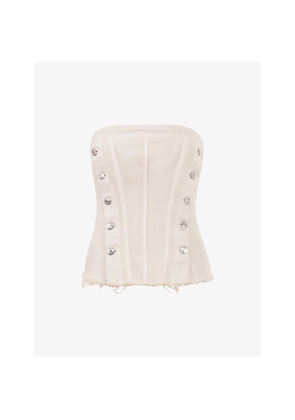 Womens Mistress Rocks Frayed-Hem Button-Down Strapless Denim Top