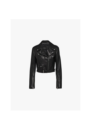 Womens Prada Brand-Plaque Cropped Leather Biker Jacket