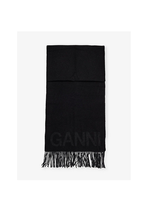 Womens Ganni Logo-Pattern Fringed Wool Scarf