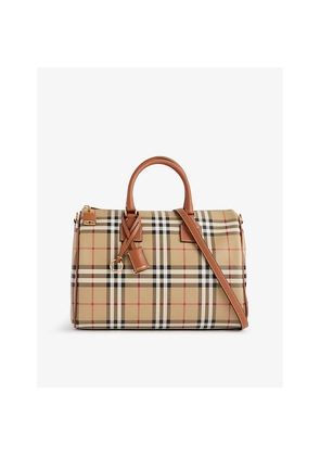 Womens Burberry Check-Print Medium Faux-Leather Bowling Bag