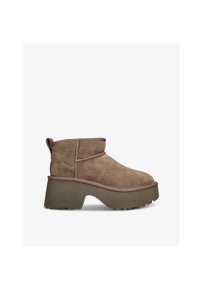 Womens UGG Classic Ultra Mini New Heights Suede and Shearling Heeled Ankle Boots