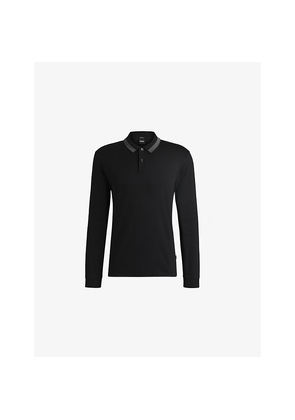 Mens Boss Striped-Trim Long-Sleeved Cotton-Jersey Polo Shirt