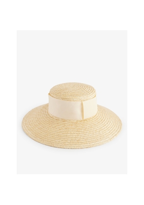 Womens Boutique Bonita Boater Ribbon-Embellished Wide-Brim Straw Hat