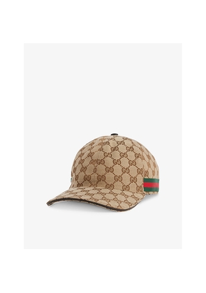 Womens Gucci Monogram-Pattern Striped-Trim Woven Cap