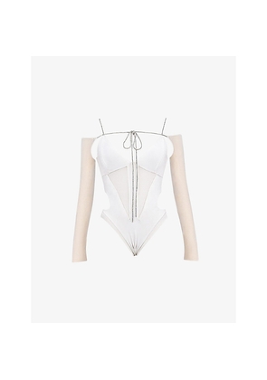 Womens Mistress Rocks Crystallised Panelled Plunge-Neckline Stretch-Mesh Bodysuit
