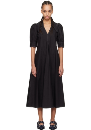 GANNI Black Cotton Poplin V-Neck Midi Dress