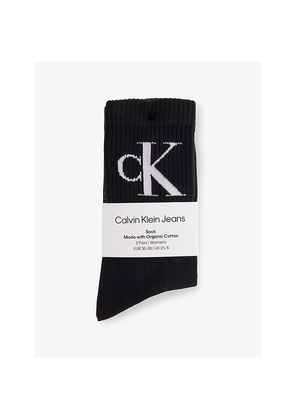Womens Calvin Klein Brand-Monogram Ribbed Pack Of Two Cotton-Blend Crew Socks