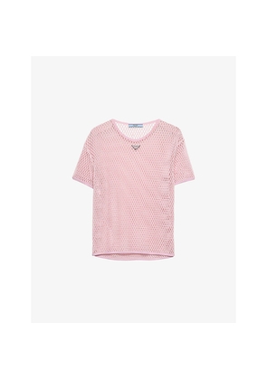 Womens Prada Triangle-Logo Short-Sleeve Cotton Mesh-Knit Top