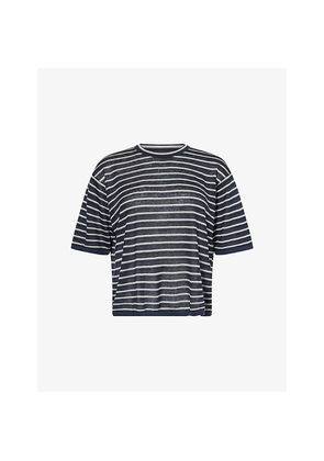 Womens Theory Striped Boyfriend Linen-Blend Knitted T-Shirt
