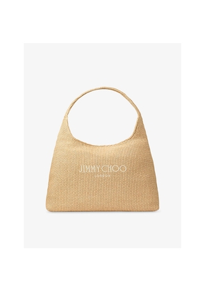 Womens Jimmy Choo Beach Diamond Logo-Embroidered Hobo Raffia Bag