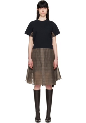 sacai Navy & Brown Spun Organza & Cotton Jersey Midi Dress
