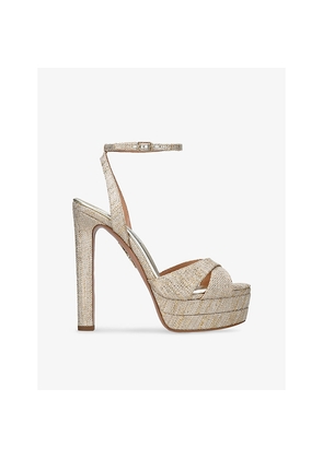 Womens Aquazzura Divine Plateau 130 Metallic-Woven Platform Heeled Sandals