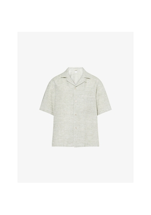 Mens Eleventy Classic-Collar Topstitched Linen Shirt