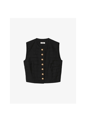 Womens Sandro Button-Down Pleated Cotton-Blend Crop Top