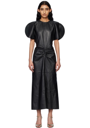 Victoria Beckham Black Gathered Waist Leather Midi Dress