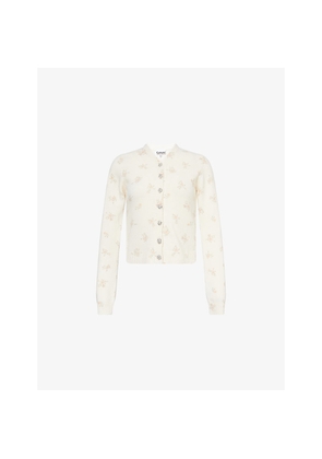 Womens Ganni Floral-Print Embellished-Button Wool-Blend Knitted Cardigan