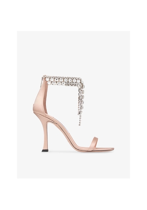 Womens Jimmy Choo Verity 100 Crystal-Embellished Satin Heeled Sandals