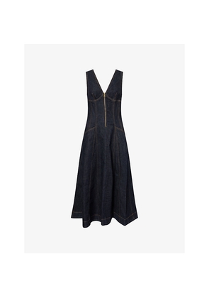 Womens Self-Portrait V-Neck Flared Stretch-Denim Blend Midi Dress