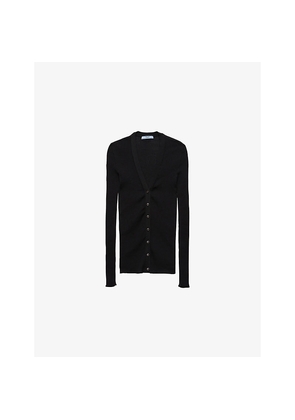 Womens Prada Enamelled-Logo Ribbed Cotton Knit Cardigan
