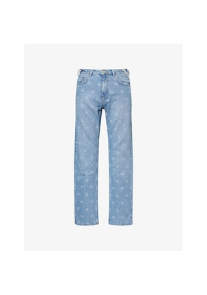 Mens The Couture Club Laser Print Emblem Straight-Leg Denim Jeans