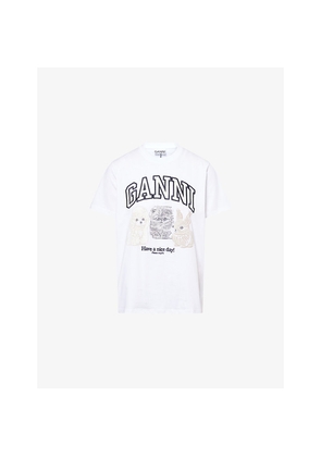 Womens Ganni Animals Embroidered-Logo Cotton-Jersey T-Shirt