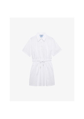 Womens Prada Gathered-Waist Classic-Collar Cotton Mini Dress
