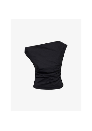 Womens Good American Asymmetric-Shoulder Ruched Cotton-Poplin Top