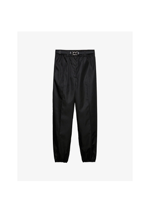 Womens Prada Logo-Plaque Creased Woven Trousers