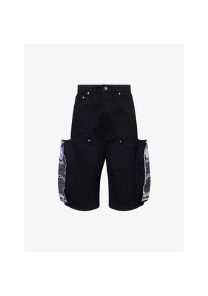 Mens Who Decides War By Ev Bravado Embroidery Patch-Pocket Denim Shorts