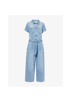 Womens Good American Belted Wide-Leg Denim-Blend Jumpsuit