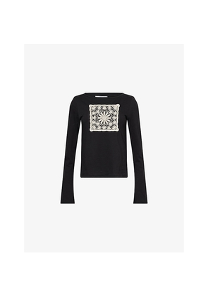 Womens Praying Doilie Embroidered-Patch Long-Sleeve Cotton-Jersey Top