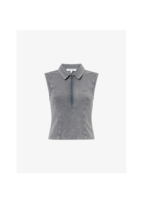 Womens Daily Paper Washed Cut-Out Stretch-Denim Polo Top