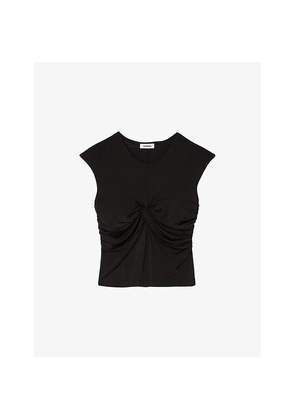 Womens Sandro Draped Round-Neck Short-Sleeve Stretch-Woven T-Shirt