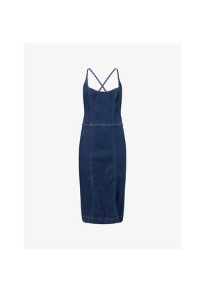 Womens Reformation Crosley Criss-Cross-Shoulder-Straps Stretch-Denim Blend Midi Dress