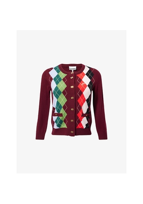 Womens Ganni Rhombus-Print Round-Neck Wool and Cashmere Cardigan