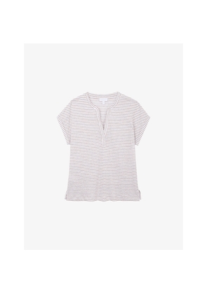 Womens The White Company Stripe-Print Notch-Neck Linen-Jersey T-Shirt