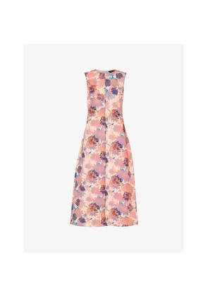 Womens Whistles Floral-Print Round-Neck Textured Stretch-Cotton Midi Dress