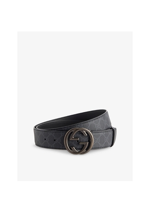 Mens Gucci Logo-Buckle Monogram Coated-Canvas Belt