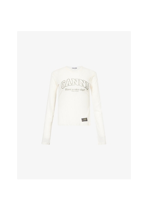 Womens Ganni Text-Printed Marled Woven Top