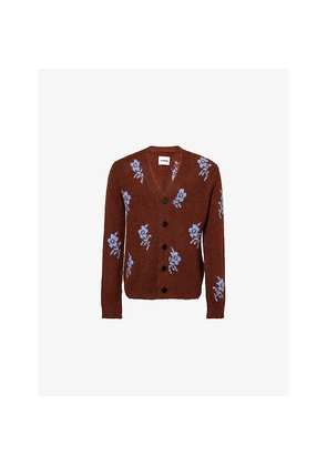 Mens Jil Sander Flower-Intarsia V-Neck Wool-Blend Cardigan