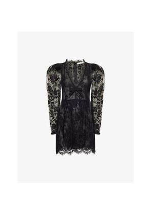 Womens Alessandra Rich V-Neck Puffed-Shoulders Lace Mini Dress