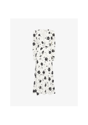 Womens Alessandra Rich Rose-Print V-Neck Silk Midi Dress