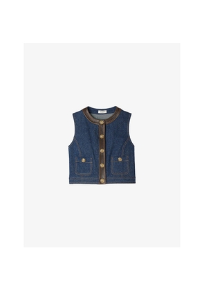 Womens Sandro Leather-Trim Button-Down Denim Top